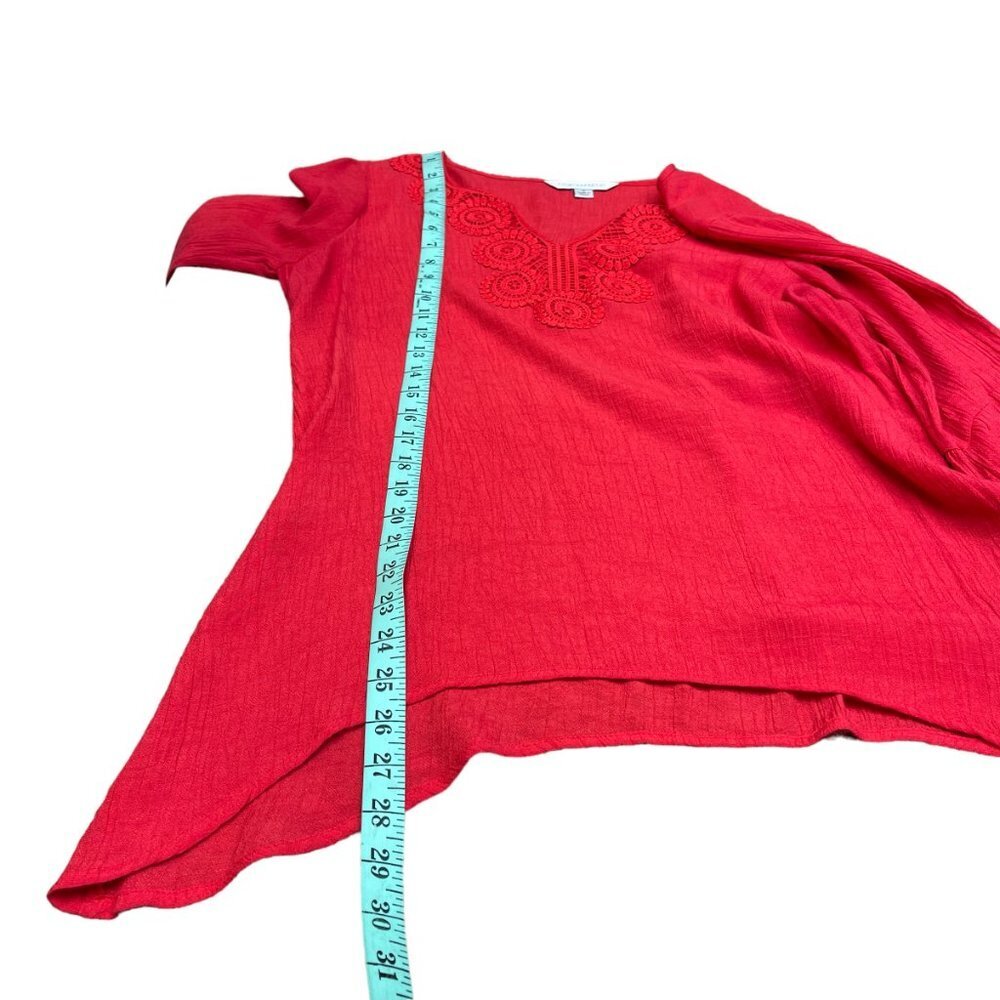 Counterparts Women Red Handkerchief Blouse Top 3/4 Sleeve Knit Lace Details Sz M - Picture 10 of 16